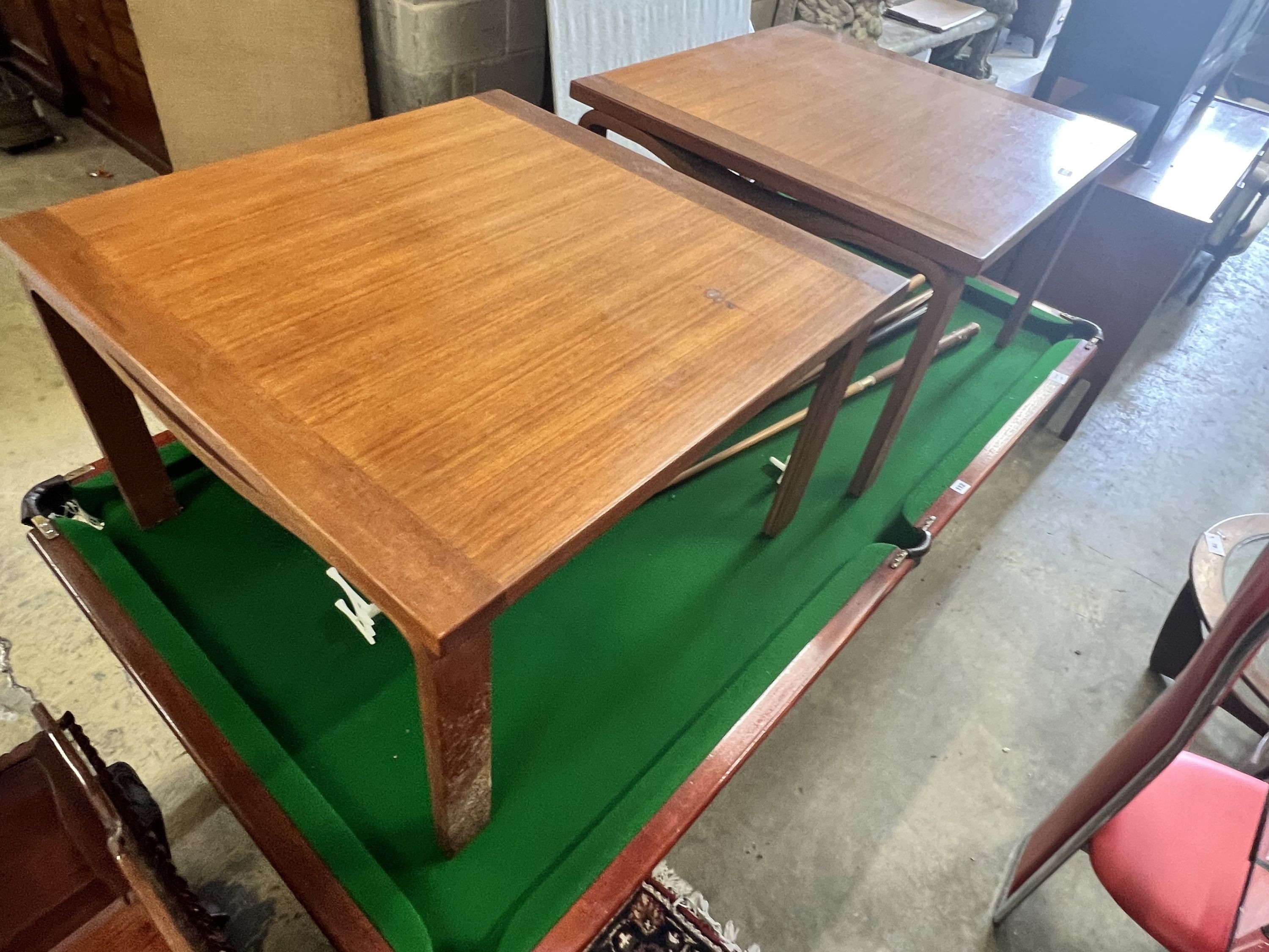 A pair of 1950's Danish teak coffee tables, width 76cm depth 76cm height 47cm